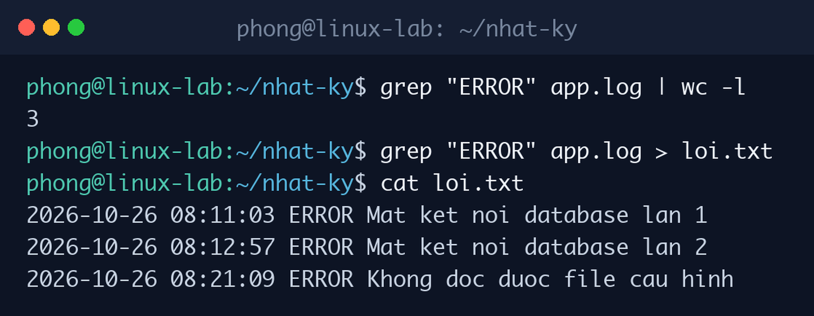 Đếm dòng lỗi bằng pipe với wc -l, lưu kết quả grep ra file bằng redirect và xem lại file