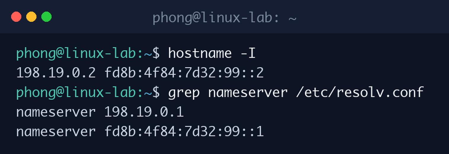 Xem địa chỉ IP của máy bằng hostname -I và DNS server đang cấu hình trong resolv.conf