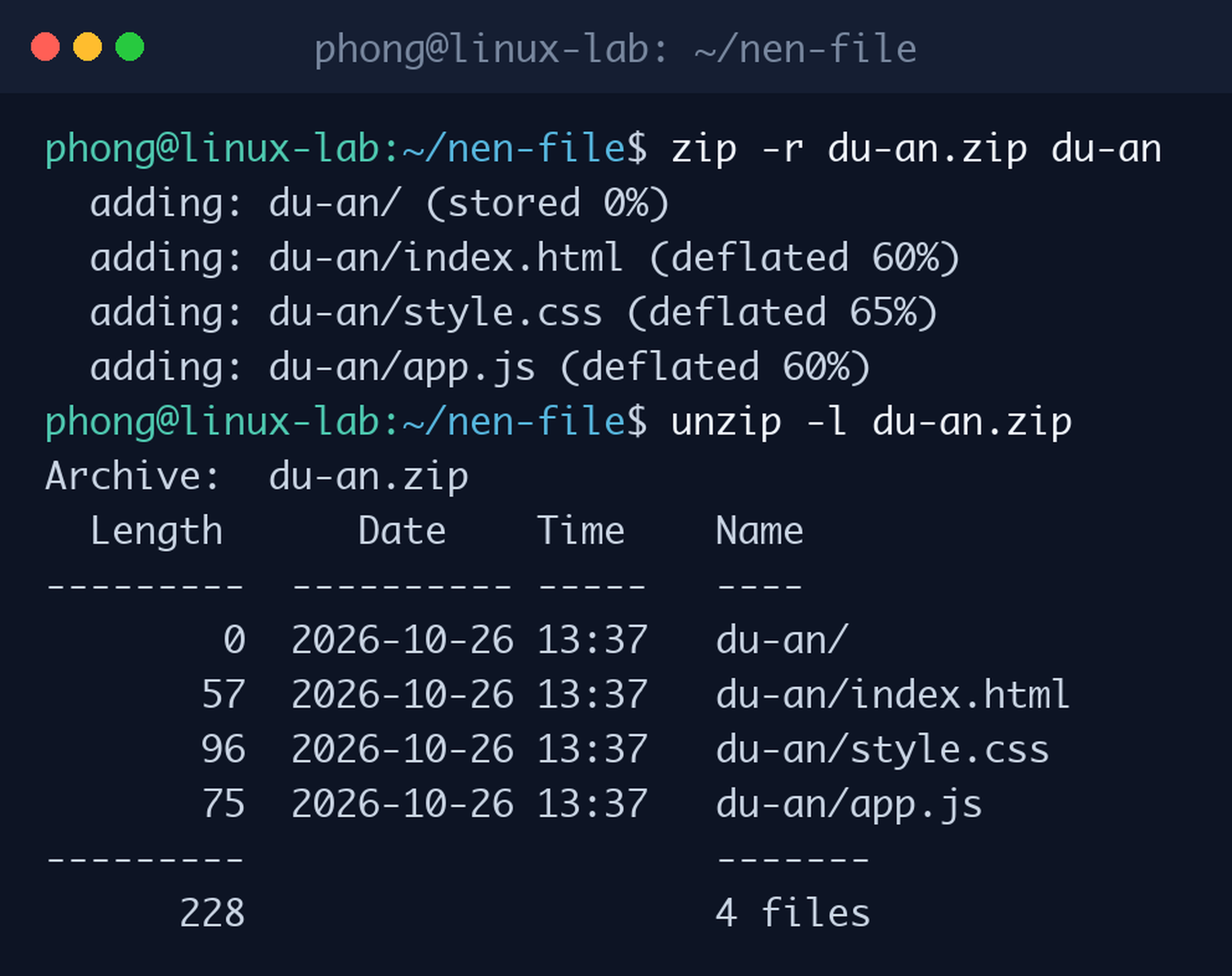 Tạo file zip bằng zip -r và liệt kê nội dung file zip bằng unzip -l