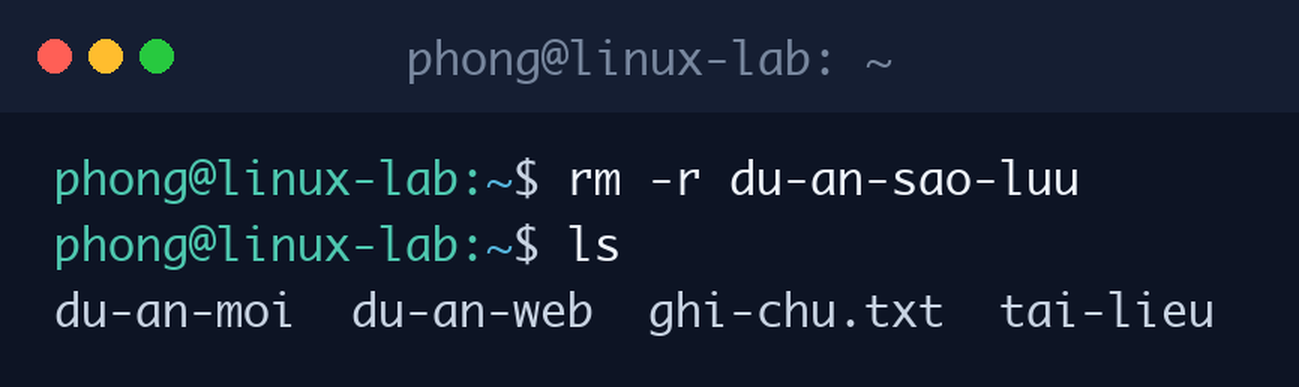 Xóa thư mục bằng rm -r và kiểm tra lại bằng ls, thao tác quen thuộc trong các lệnh Linux cơ bản